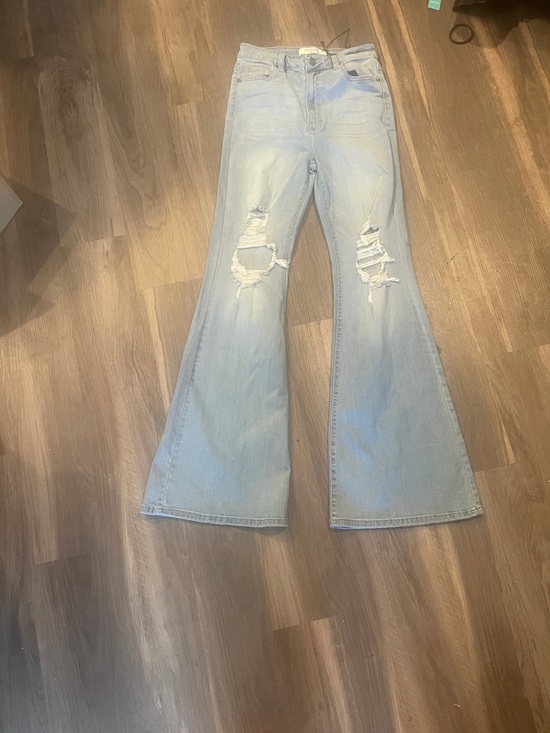 Hidden Jeans Denim - High-Rise Light Blue Distressed Flare Jeans - Women's
